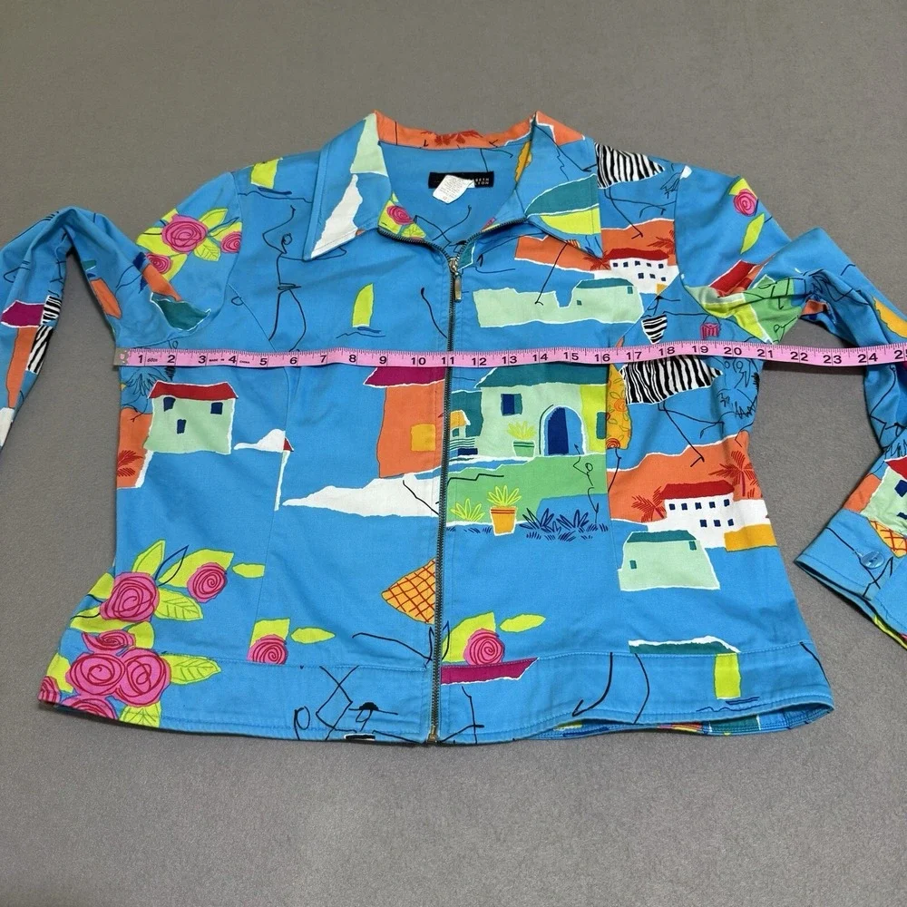 Vtg Women's Jacket Coat Sz 12 Funky Art To Wear Full Zip Houses Boats Travel 90s